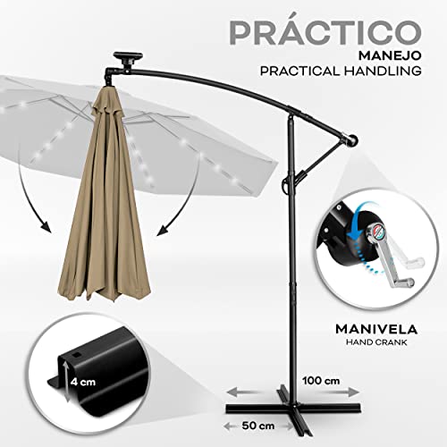 tillvex 300 cm Sombrilla Excentrico con 32 Luces LED Solar | Parasol para Terraza Jardín Balcón Patio | con Manivela y Base en Cruz, giratorio 360º, Protección UV