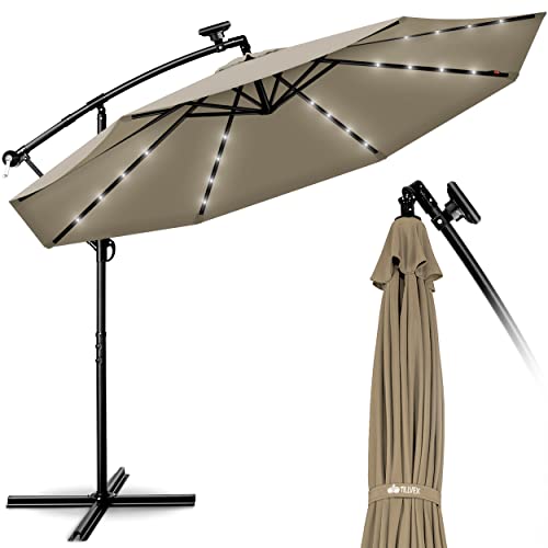 tillvex 300 cm Sombrilla Excentrico con 32 Luces LED Solar | Parasol para Terraza Jardín Balcón Patio | con Manivela y Base en Cruz, giratorio 360º, Protección UV