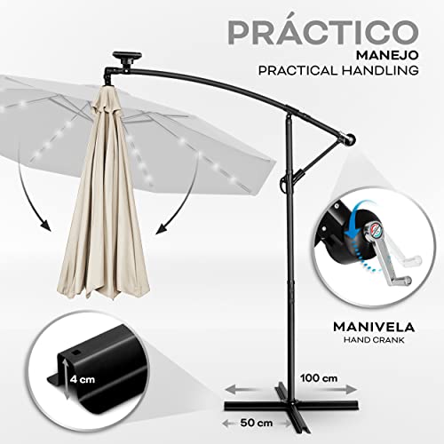 tillvex 300 cm Sombrilla Excentrico con 32 Luces LED Solar | Parasol para Terraza Jardín Balcón Patio | con Manivela y Base en Cruz, giratorio 360º, Protección UV