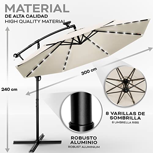 tillvex 300 cm Sombrilla Excentrico con 32 Luces LED Solar | Parasol para Terraza Jardín Balcón Patio | con Manivela y Base en Cruz, giratorio 360º, Protección UV