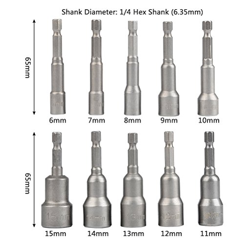 TIMESETL Zócalo de Taladro Hexagonal 10Pcs Juego de Tuerca de Tuerca Magnético Adaptador de Zócalo Hexagonal de 1/4 pulg. 6-15mm Herramienta de Adaptador de Zócalo
