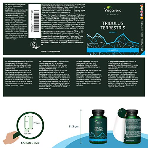 Tribulus Terrestris Vegavero SPORT® | 1800 mg con 90% Saponinas | El Único Sin Aditivos | Precursor de Testosterona + Suplementos Para Hombres | 120 Cápsulas