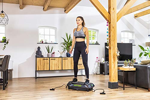 Tunturi Plataforma vibratoria Cardio Fit V20 con vibraciones y vibración, 3 programas, 3 modos manuales, 30 velocidades, con taburete, mando a distancia y bandas de entrenamiento