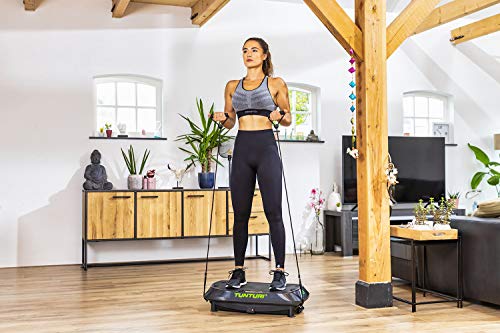 Tunturi Plataforma vibratoria Cardio Fit V20 con vibraciones y vibración, 3 programas, 3 modos manuales, 30 velocidades, con taburete, mando a distancia y bandas de entrenamiento