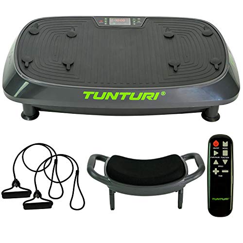 Tunturi Plataforma vibratoria Cardio Fit V20 con vibraciones y vibración, 3 programas, 3 modos manuales, 30 velocidades, con taburete, mando a distancia y bandas de entrenamiento