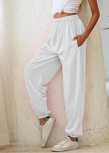 Tuopuda Pantalones de Deporte Mujer con Bolsillos Pantalones Chándal Mujer de Algodón Largos Jogging Pantalóns Elastica Cintura Alta Deportivos para Yoga Fitness Jogger Correr Casual(Blanco,S)