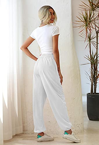 Tuopuda Pantalones de Deporte Mujer con Bolsillos Pantalones Chándal Mujer de Algodón Largos Jogging Pantalóns Elastica Cintura Alta Deportivos para Yoga Fitness Jogger Correr Casual(Blanco,S)