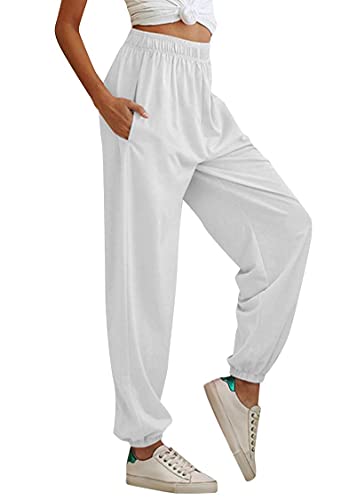 Tuopuda Pantalones de Deporte Mujer con Bolsillos Pantalones Chándal Mujer de Algodón Largos Jogging Pantalóns Elastica Cintura Alta Deportivos para Yoga Fitness Jogger Correr Casual(Blanco,S)