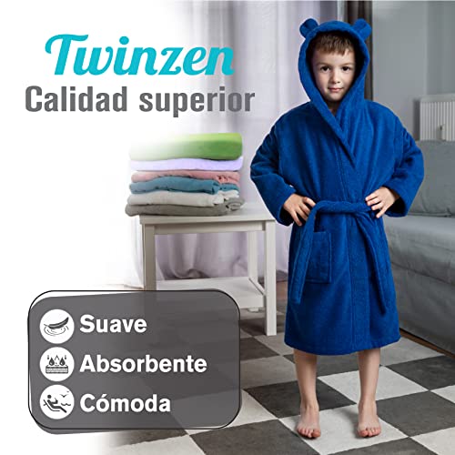 Twinzen - Albornoz Niños Algodón - Niño y Niña - 100% Algodón Oeko-Tex® - Bata de Baño 2 Bolsillos, Cinturón y Capucha, Azul Marino, 9-10 años, (size5)