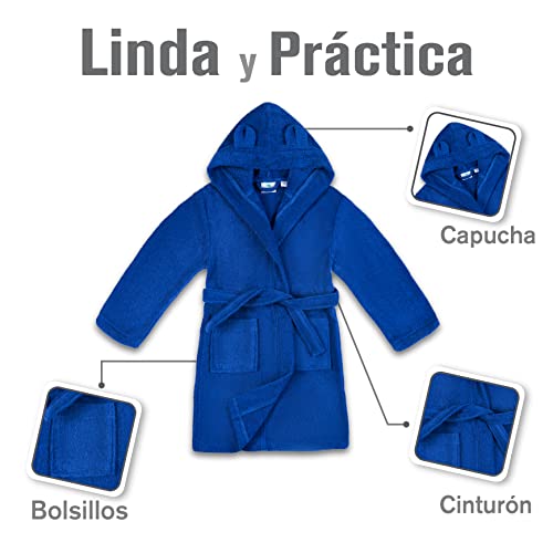 Twinzen - Albornoz Niños Algodón - Niño y Niña - 100% Algodón Oeko-Tex® - Bata de Baño 2 Bolsillos, Cinturón y Capucha, Azul Marino, 9-10 años, (size5)