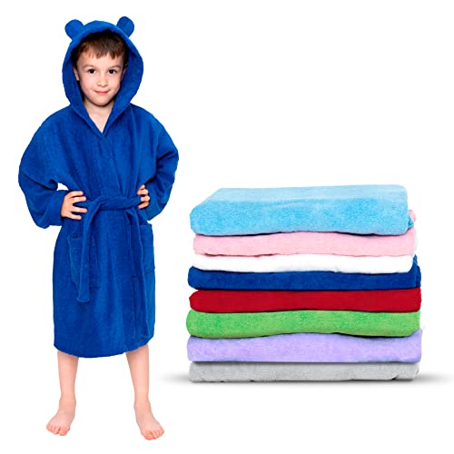 Twinzen - Albornoz Niños Algodón - Niño y Niña - 100% Algodón Oeko-Tex® - Bata de Baño 2 Bolsillos, Cinturón y Capucha, Azul Marino, 9-10 años, (size5)