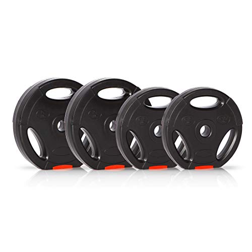 Ultrasport Discos de pesas, juego de 4 pesas, 2 de 2,5 kg, 2 de 5 kg, agujero estándar de 30 mm, aptos para barras cortas y largas, con asas para entrenamiento con peso libre