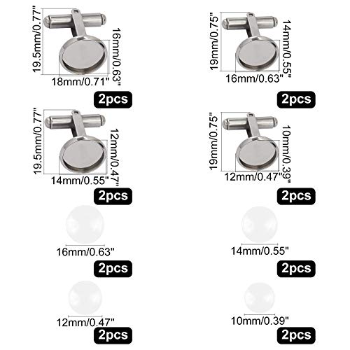 UNICRAFTALE 8 Juego 4 Tamaños 12/14/16/18 mm Gemelos de Acero Inoxidable con Cabujones de Cristal Botón de Puño Cabujones Bandeja Bisel Gemelos En Blanco Ajuste