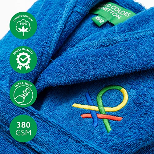 UNITED COLORS OF BENETTON. Kids - Albornoz para Niños de 10-12 Años, 100% Algodón, 380 Gramos, Durabilidad Excepcional, Agradable al Tacto, Certificación Oeko-Tex, Apto Lavado a máquina, Azul