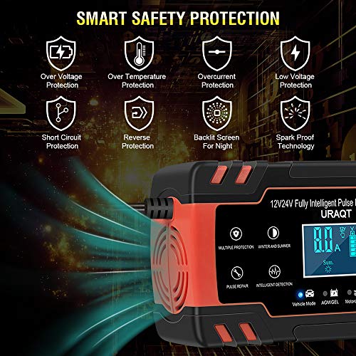 URAQT Cargador de Batería, 8A 12V/24V Mantenimiento Automático e Inteligente Múltiples Protecciones LCD y Botón de la Pantalla Táctil para Automóvile, Motocicleta, ATVs, RVs, Powersports, Barco