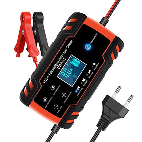 URAQT Cargador de Batería, 8A 12V/24V Mantenimiento Automático e Inteligente Múltiples Protecciones LCD y Botón de la Pantalla Táctil para Automóvile, Motocicleta, ATVs, RVs, Powersports, Barco