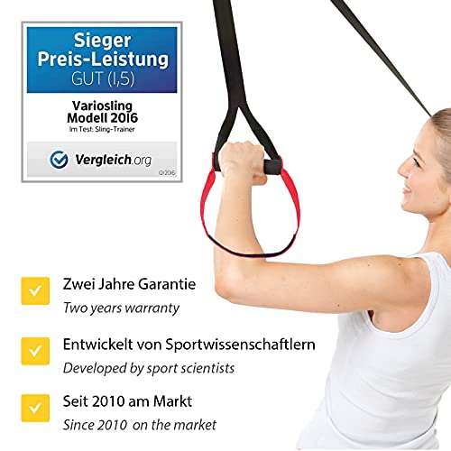 Variosling® Sistema/Kit BÁSICO de Entrenamiento en Suspensión/Sling-Trainer | Ancla de la Puerta, Póster/DVD de Ejercicios, Bolsa de Transporte | Todo el Cuerpo, Negro-Rojo