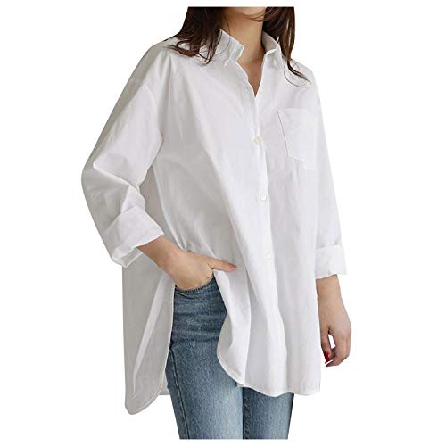 VEMOW Mujeres Sexy Botón Suelto con Cuello en v Camiseta de Manga Larga Casual Irregular del Dobladillo Oversized Blusa Plus Size, Elegantes Moda Color Sólido Bolsillo de Camisa(A Blanco,XXL)