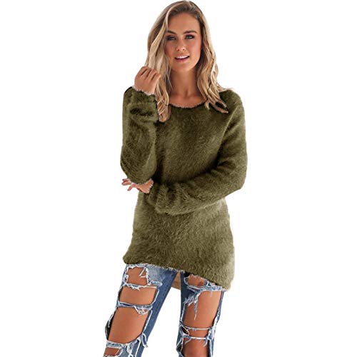 VEMOW Suéteres De Manga Larga Irregular del Dobladillo Tops Jersey Otoño Invierno, Elegantes Moda Color Sólido Camisa Suelta Tops Casual Suelta Blusas Sudadera Tapas Plus Size(C Ejercito Verde,XXL)