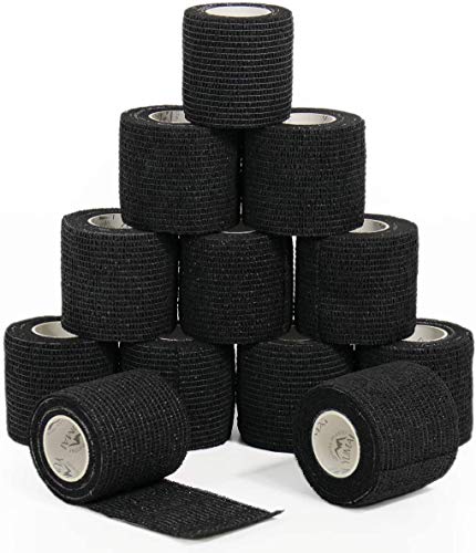 Venda cohesiva 5cm x 4.5m deportivo cohesivo cinta 12Rollos vendas autoadhesiva,vendaje adhesivo,venda de agarre de tatuaje para primeros auxilios,deportes y accesorios de agarre de tatuaje (negro)