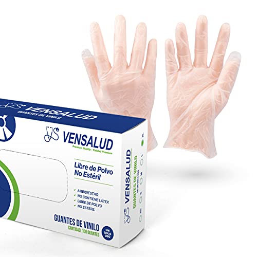 VENSALUD - Guantes de VINILO desechables. Sin Polvo. Caja de 100 guantes. Color: Semi-Blanco (XL)