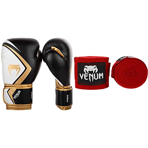 Venum Contender 2.0 Guantes de Boxeo, Unisex Adulto, Negro/Blanc-Oro, 12 Oz + Kontact Vendas de Boxeo, Unisex Adulto