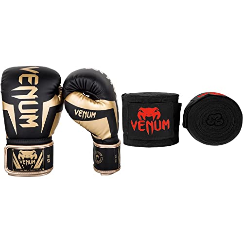 Venum Elite Guantes de Boxeo, Unisex Adulto, Negro/Dorado, 14 oz + Kontact Vendas de Boxeo, Unisex Adulto