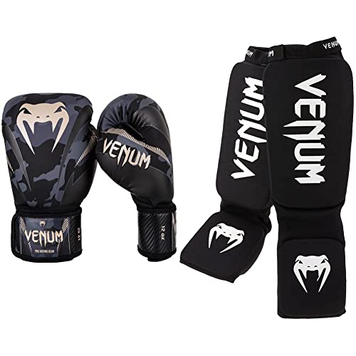 Venum Impact Guantes de Boxeo, Muay thaï, Kick Boxing, Camuflaje Oscuro / Arena, 14 Oz + Kontact Espinilleras, Unisex Adulto, Negro/Blanco, Talla Única