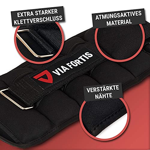 VIA FORTIS Pesas para piernas y brazos [set de 2 piezas]. Pesas para tobillos y muñecas, tobilleras/muñequeras, lastres con peso, ajustables individualmente, gimnasio y fitness - 5 bolsas incluidas