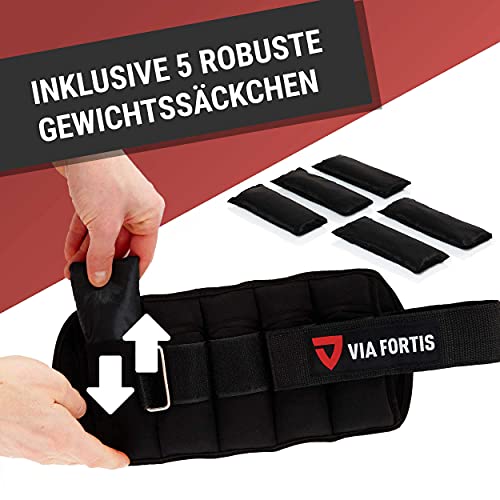 VIA FORTIS Pesas para piernas y brazos [set de 2 piezas]. Pesas para tobillos y muñecas, tobilleras/muñequeras, lastres con peso, ajustables individualmente, gimnasio y fitness - 5 bolsas incluidas