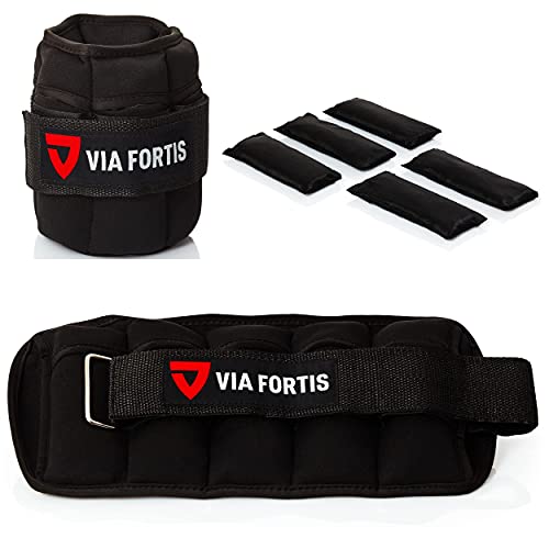 VIA FORTIS Pesas para piernas y brazos [set de 2 piezas]. Pesas para tobillos y muñecas, tobilleras/muñequeras, lastres con peso, ajustables individualmente, gimnasio y fitness - 5 bolsas incluidas