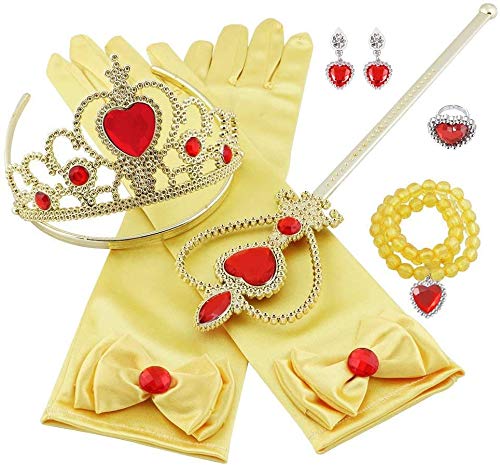 Vicloon Princesa Vestir Accesorios 8 Pcs Regalo Conjunto de Belleza Corona Anillo Sceptre Collar Pendientes Guantes para Niña (Amarillo)