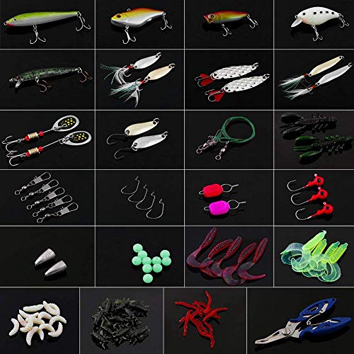 Vicloon Señuelos de Pesca, 120 Piezas Kits de Señuelos Pesca Accesorios Cebos Artificiales Articulos de Pesca Incluido la Caja Tackle, Ganchos, Tijeras, Cebos, Popper, Grillos y más