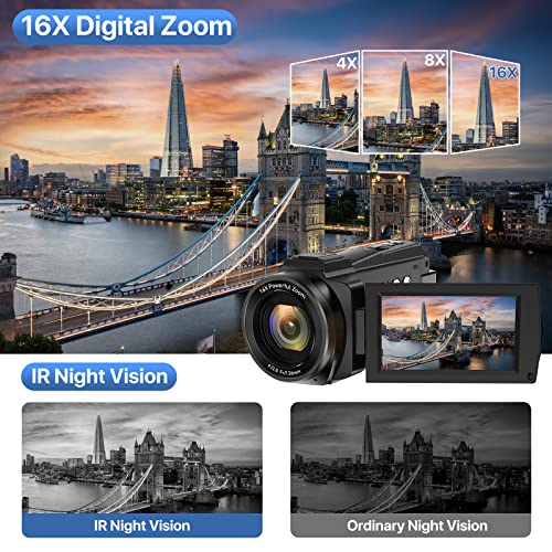 Videocámara 4K Ultra HD 48MP Camara,WiFi IR Visión Nocturna Camara Video,Zoom Digital 16X 3.0"IPS Pantalla Táctil Giratoria De 270 °Youtube cámara con Micrófono,Estabilizador,Control Remotol (4K plus)