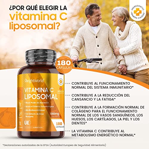 Vitamina C Liposomal 1000mg 180 Cápsulas Con Rosa Mosqueta - Suministro 3 Meses de Vitamina C Pura, Contribuye al Funcionamiento Normal del Sistema Inmunológico, Vegano