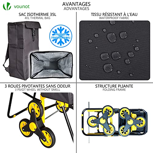 VOUNOT Carro de la Compra de 6 Ruedas Plegable con Asiento y Bolsa Térmica de 40 L, para Subir Escaleras, Negro