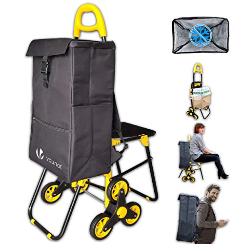 VOUNOT Carro de la Compra de 6 Ruedas Plegable con Asiento y Bolsa Térmica de 40 L, para Subir Escaleras, Negro