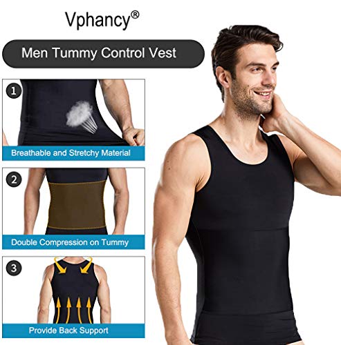 Vphancy Camiseta Reductora Hombre Compresión, Camisetas Interiores Tirantes, Fajas Moldeadora Adelgazantes - Alta Elasticidad para Comprimir Pecho Abdomen y Cintura (Negro, L)