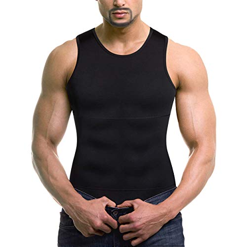 Vphancy Camiseta Reductora Hombre Compresión, Camisetas Interiores Tirantes, Fajas Moldeadora Adelgazantes - Alta Elasticidad para Comprimir Pecho Abdomen y Cintura (Negro, L)