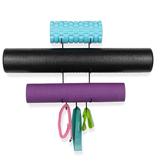 Wallniture Guru Wall Mount Yoga Mat Equipo De Gimnasio En Casa Bandas De Resistencia Y Soporte De Rodillo De Espuma Con 3 Ganchos 3 Seccionales De Metal Negro