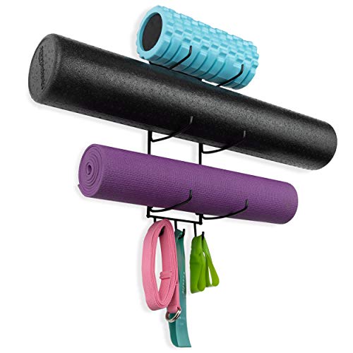 Wallniture Guru Wall Mount Yoga Mat Equipo De Gimnasio En Casa Bandas De Resistencia Y Soporte De Rodillo De Espuma Con 3 Ganchos 3 Seccionales De Metal Negro