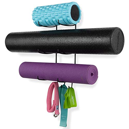 Wallniture Guru Wall Mount Yoga Mat Equipo De Gimnasio En Casa Bandas De Resistencia Y Soporte De Rodillo De Espuma Con 3 Ganchos 3 Seccionales De Metal Negro