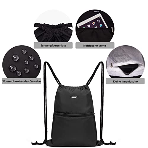 WANDF Bolsa de Deporte Bolsa de Gimnasio Con Bolsillo Exterior Bolsa de Gimnasio con Cordón Ajustable Mochila para Mujeres Hombres Niños (A - Negro)