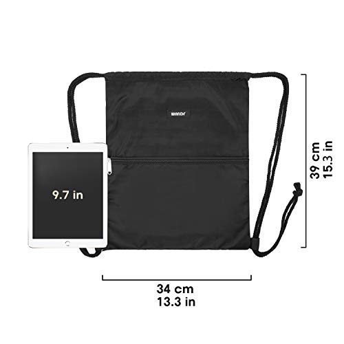 WANDF Bolsa de Deporte Bolsa de Gimnasio Con Bolsillo Exterior Bolsa de Gimnasio con Cordón Ajustable Mochila para Mujeres Hombres Niños (A - Negro)