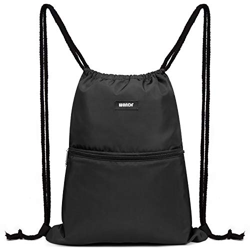 WANDF Bolsa de Deporte Bolsa de Gimnasio Con Bolsillo Exterior Bolsa de Gimnasio con Cordón Ajustable Mochila para Mujeres Hombres Niños (A - Negro)