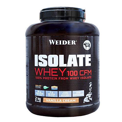 Weider Isolate Whey 100CFM. 100% aislado de proteina de suero. Cero azúcar, cero aspartamo, con stevia, con dygezime, con BCAA, apto para vegetarianos. Isolac. Para dietas keto. 2000gr Vainilla