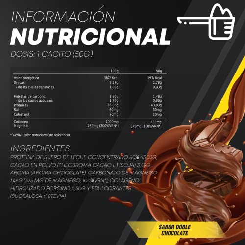 Whey Protein Colágeno y Magnesio, Rápida asimilación, Aumenta masa muscular, Mejora tus entrenamientos deportivos y favorece la correcta recuperación muscular, Doble Chocolate, 1000g