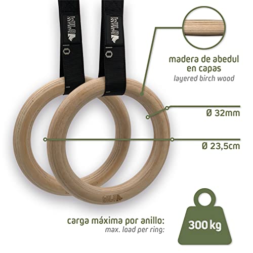 Wild Instincts Gym Rings Wood 32mm con WebApp | Anillos de Fitness | Anillos de Gimnasio | Juego de Anillos de Madera Profesionales para Gimnasia y Calistenia | Incl. Guía de Entrenamiento