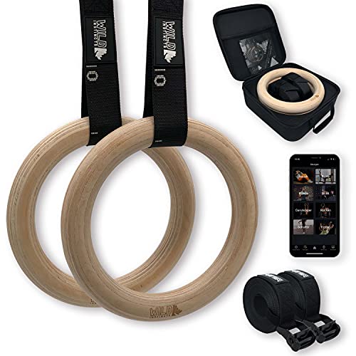 Wild Instincts Gym Rings Wood 32mm con WebApp | Anillos de Fitness | Anillos de Gimnasio | Juego de Anillos de Madera Profesionales para Gimnasia y Calistenia | Incl. Guía de Entrenamiento