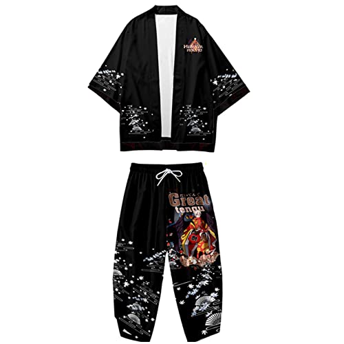 WYUKN Conjunto de Kimono Tradicional,Hombre Mujer Chaqueta Kimono Cárdigan，Pantalones Harem Conjunto de Manga 3/4 -Traje Calle Deportivo con Samurái Japonés,J-3XL